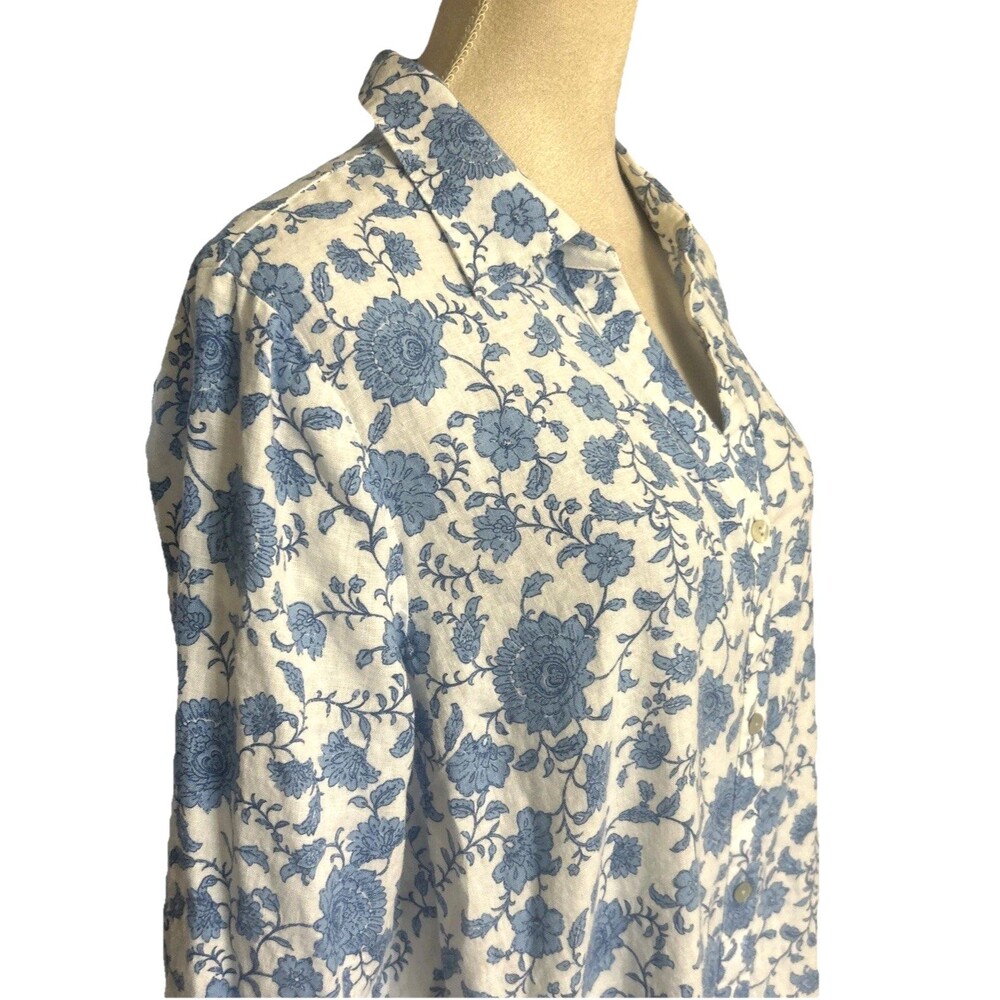 J. Jill Linen Blend Blue White Maxi Floral Shirt Dress Button Down Pocket Sz L - Picture 3 of 12